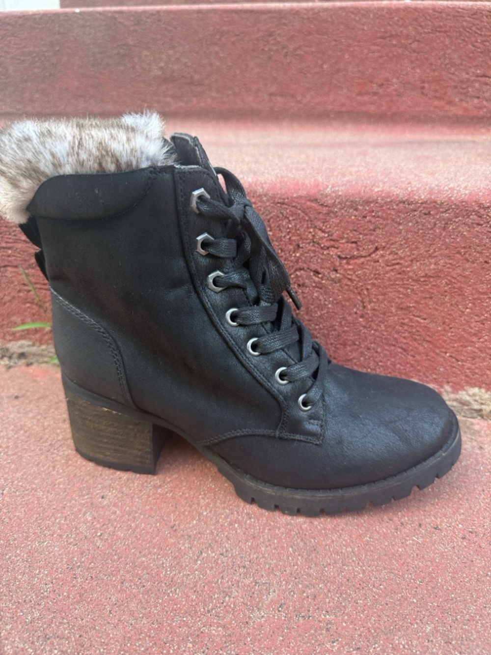 Steve Madden Black Faux Fur-Trim Lace-Up Ankle Boots